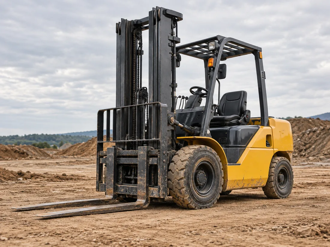 Carrello elevatore che solleva un pallet in un deposito vicino a Rimini Carrello elevatore che solleva un pallet in un deposito vicino a Rimini