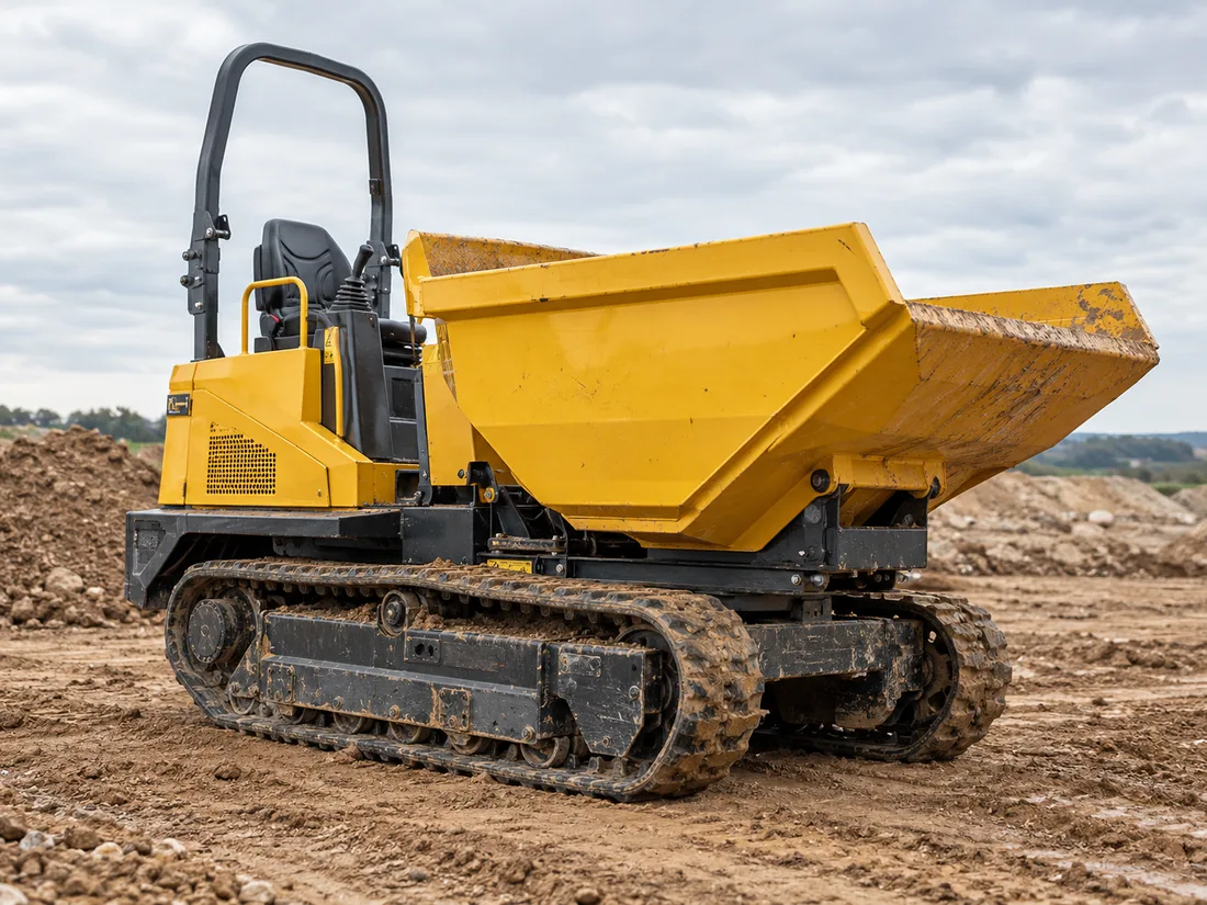 Dumper cingolato che scarica terra in un cantiere vicino a Rimini